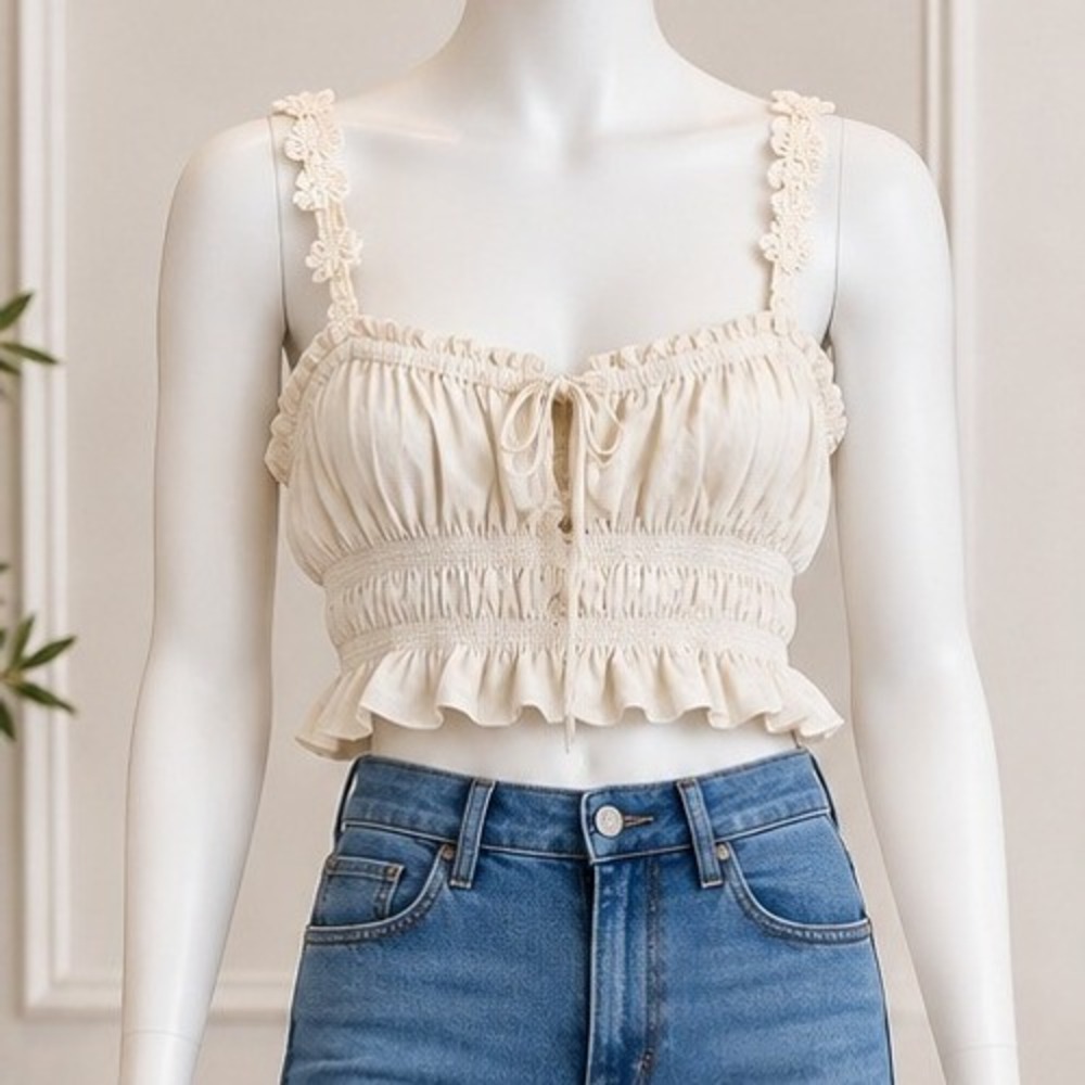 Sugar Thrillz Women Top Smocked Ruffle Floral Strap Ivory XL